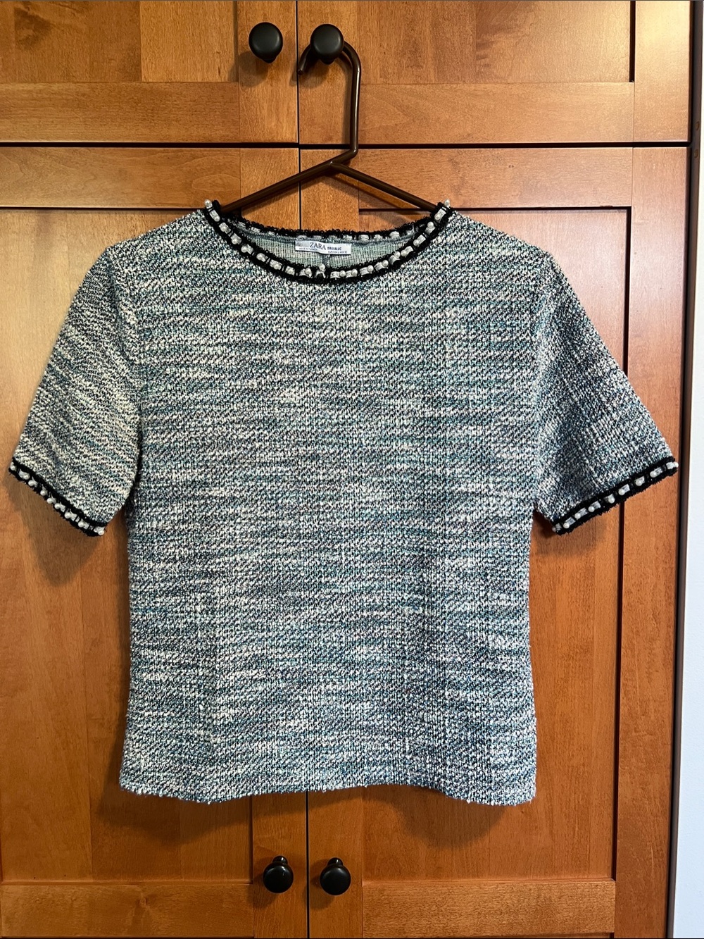 Zara Blue/green & White Short-Sleeve Tweed Top
